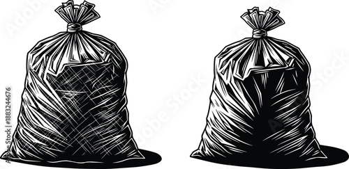 Garbage bag vector set, tied black trash sacks with creased texture and stylized shading, monochrome illustration