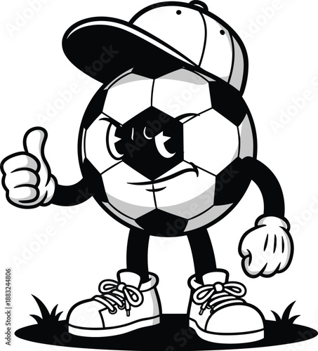 Soccer ball cartoon mascot vector, anthropomorphic character with cap, gloves, sneakers and thumbs-up gesture