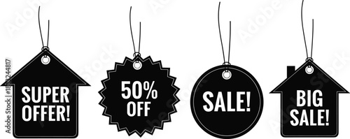 Promotional tag vector set, black hanging labels with sale messages, retail discount icons in various shapes
