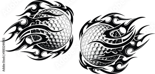 Tribal flame golf ball vector set, dynamic sports illustration with dimple texture and swirling black flame design