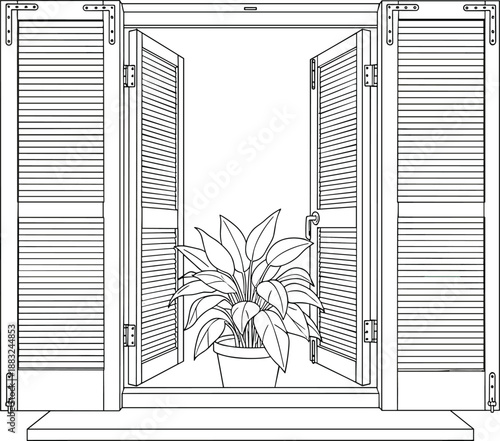 Window with open shutters and potted plant vector, black and white architectural and botanical illustration