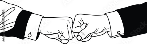 Business fist bump vector, two hands in formal attire performing greeting gesture, black and white professional illustration
