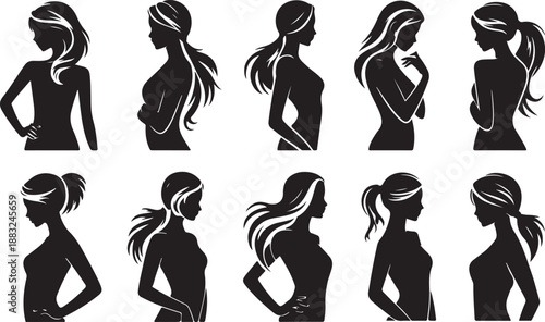 Ten Stylized Female Silhouettes with Flowing Hair and Elegant Poses woman girl