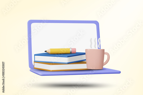 3D vector illustration of laptop with books, pencil and hot coffee cup. Concept for online education study and freelance workspace. E-learning background template.