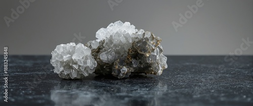 Detailed macro photograph of mesolite zeolite minerals on a dark stone background
