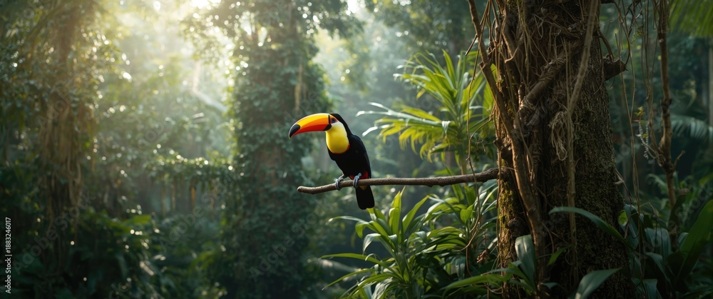Fototapeta premium Birdwatching in rainforest: Toucan sitting on a branch in tropical jungle environment