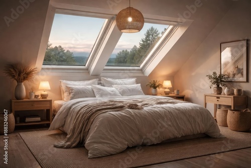 Scandinavian bedroom with white bedding and modern skylight ceiling