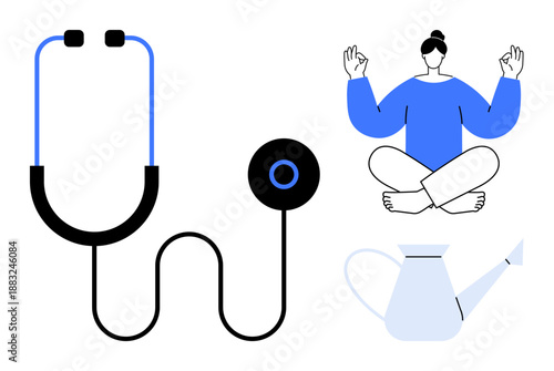 Healthcare, meditation, wellness, self-care, mindfulness, hydration. Stethoscope, a meditating figure and a watering can. Healthcare and meditation the focus on health and wellbeing