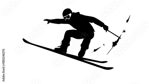 Dynamic silhouette of a snowboarder jumping in the air, winter sports and extreme mountain adventure concept