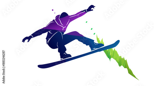 Dynamic silhouette of a snowboarder jumping in the air, winter sports and extreme mountain adventure concept