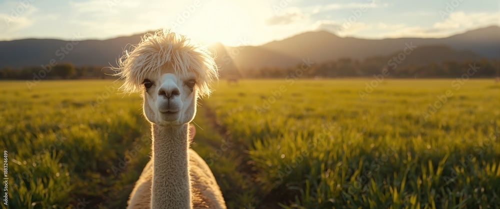 Fototapeta premium Alpaca with a funny haircut staring straight into the lens