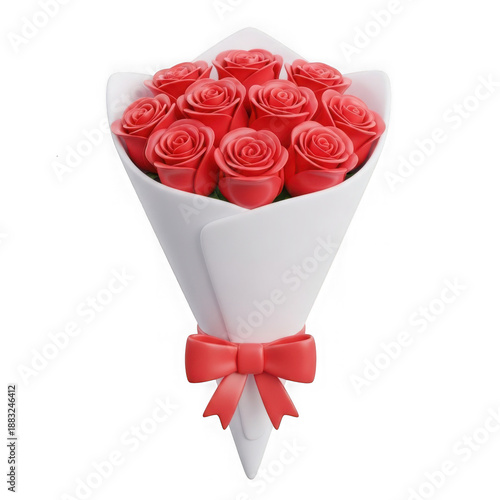 3d rendered bouquet of red roses in a white wrap with a red bow isolated on transparent background