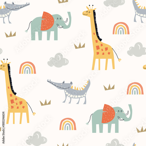 Adorable hand-drawn safari animal seamless pattern with giraffe, elephant, crocodile, and rainbows. Whimsical vector print for nursery wallpaper, baby textiles, wrapping paper and more
