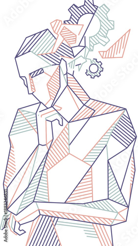 Abstract geometric illustration of a thoughtful person with gears representing ideas and concepts.