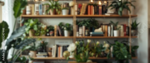 A softly blurred backdrop of a well-organized bookshelf with books and green plants, evoking a warm and welcoming environment for any home or office