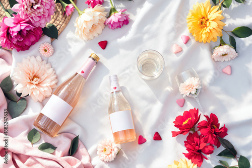 Rosé wine bottles with colorful flowers and decorative hearts on white fabric.