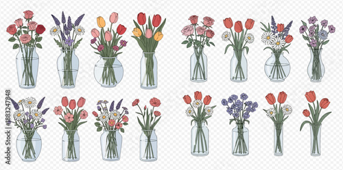 Set of various flower bouquets in glass vases, including tulips, roses, and lavender, on a transparent background.