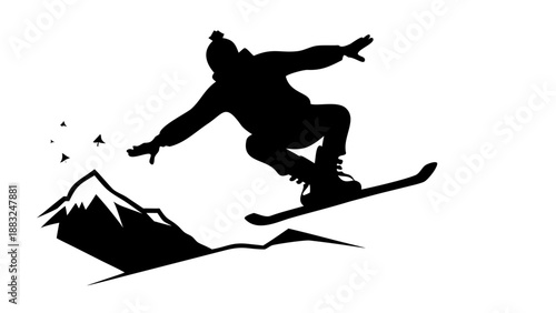Dynamic silhouette of a snowboarder jumping in the air, winter sports and extreme mountain adventure concept