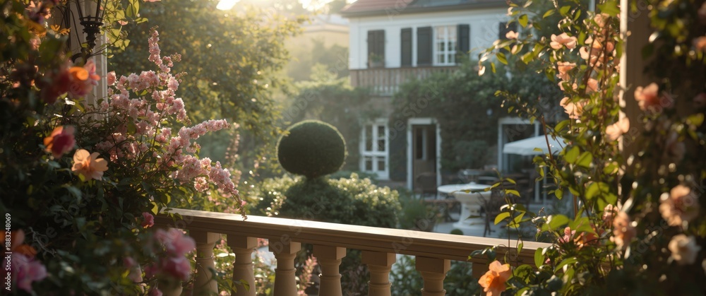 Obraz premium Balcony view of a romantic morning with a garden backdrop