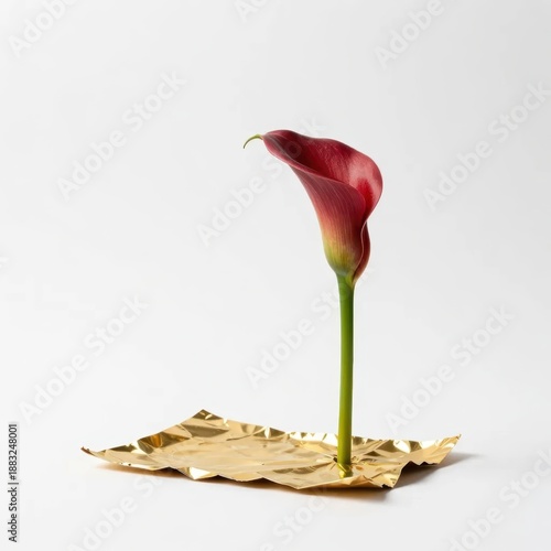 Red calla lily with green stem on dried golden leaf against white background. Space for text.