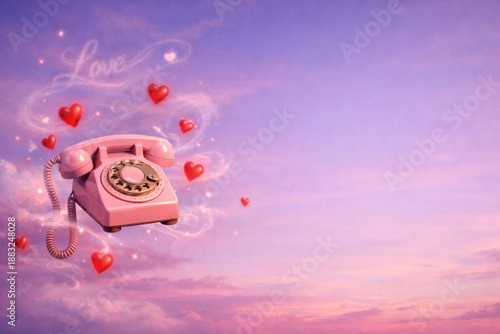 Pink rotary telephone with hearts floating on purple and pink gradient sky background. Space for text.