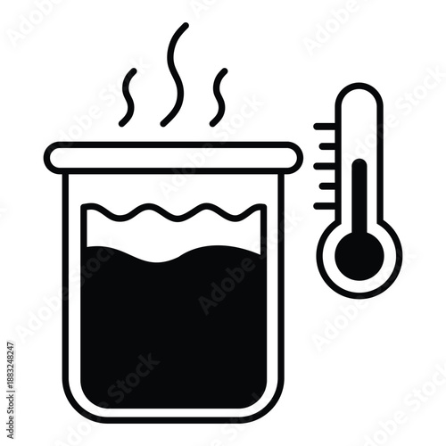 Hot Water Icon - Black Flat Temperature Symbol with Steam and Thermometer Vector