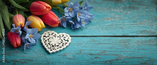 Decorative heart, tulips, a...