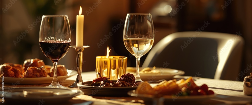 Fototapeta premium Sunlit table with a candle and display of red and white wine glasses