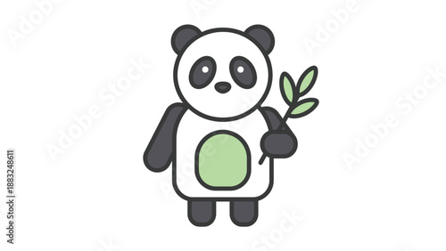 Adorable panda holding a green leaf, a cute cartoon illustration on white background.