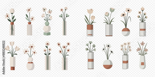 Collection of various minimalist flower vases with abstract floral arrangements in a modern flat design style.