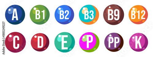 Vitamin icons set vector illustration. Vitamin shining pill, 3D drop capsules. editable stroke.