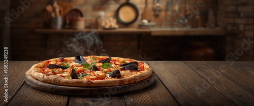 Seafood pizza baked in a wo...