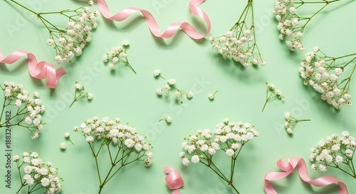Minimal Gypsophila Floral Background on Pastel Green, Baby’s Breath Flat Lay for Women’s Day, Mother’s Day, Wedding & Valentine Design