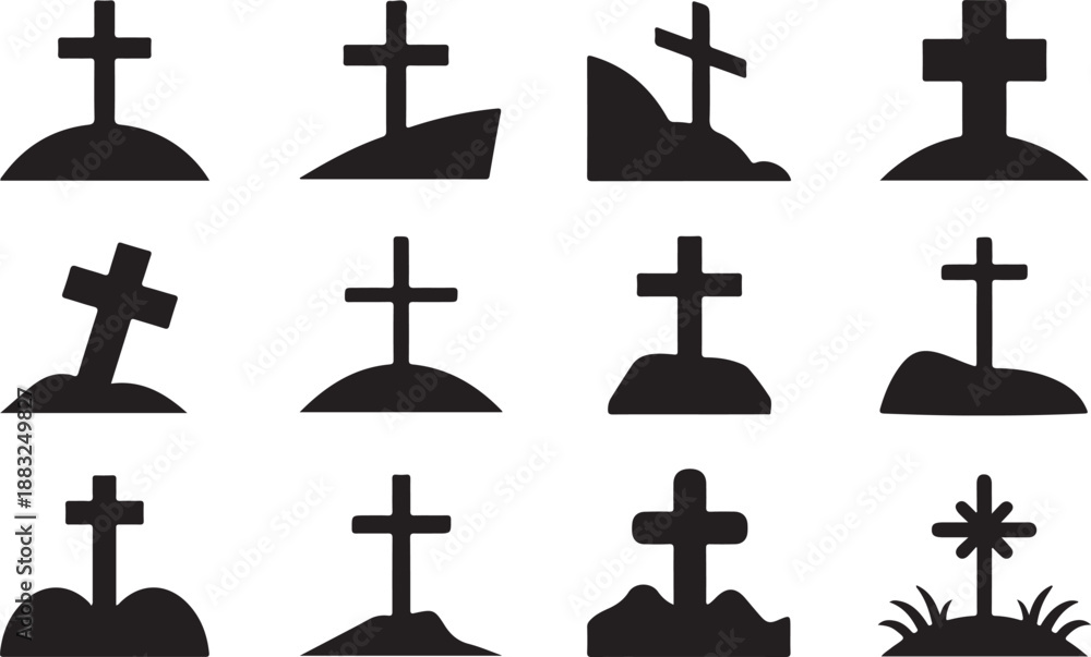 Fototapeta premium Twelve black silhouette icons of gravestones and crosses on mounds of earth on a white background tombstone