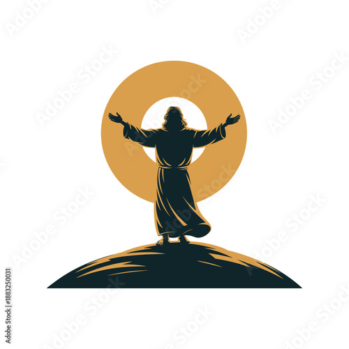 Silhouette of Jesus Christ with Raised Arms Standing on a Hill Against a Golden Sun