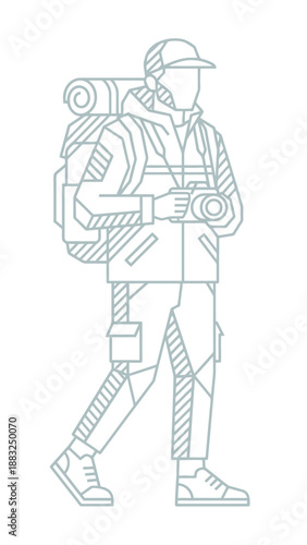 Adventurous hiker with backpack and camera exploring the outdoors on a journey.