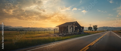 Destroyed structure by Thomas Fire on Highway 33 in Ojai, featuring sky, nature, house, landscape, building, wall, fire, smoke, trees in the background