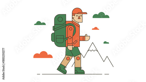 Adventurous Hiker with Backpack Trekking Towards Mountain Peaks in Nature.