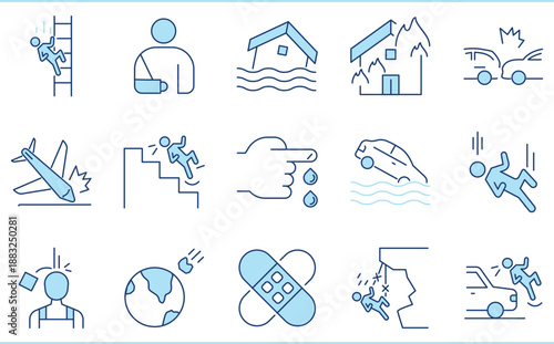 A set of flat icons related to Accidents. Injury, hit, fall, slipped, broken arm, cut, drown, and so on.
