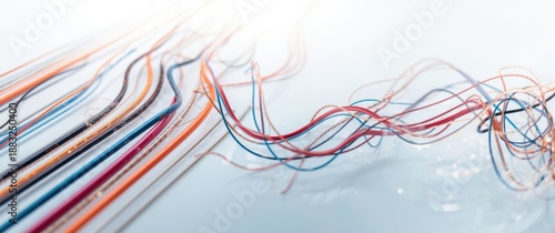 White background featuring isolated electric cables, abstract lines, and computer concepts