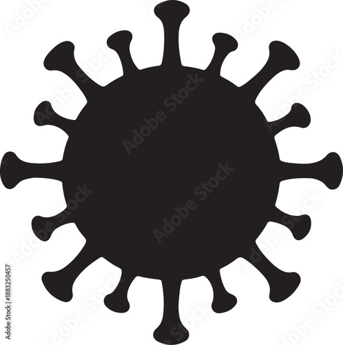 A stark depiction of a coronavirus particle showcasing its spiky protrusions in a bold silhouette vector illustration