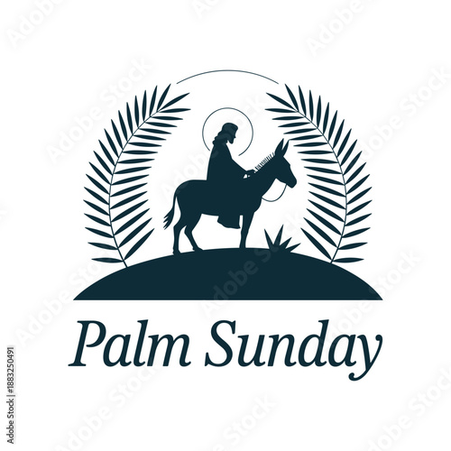 Palm Sunday Silhouette Illustration of Jesus Riding a Donkey with Palm Leaves