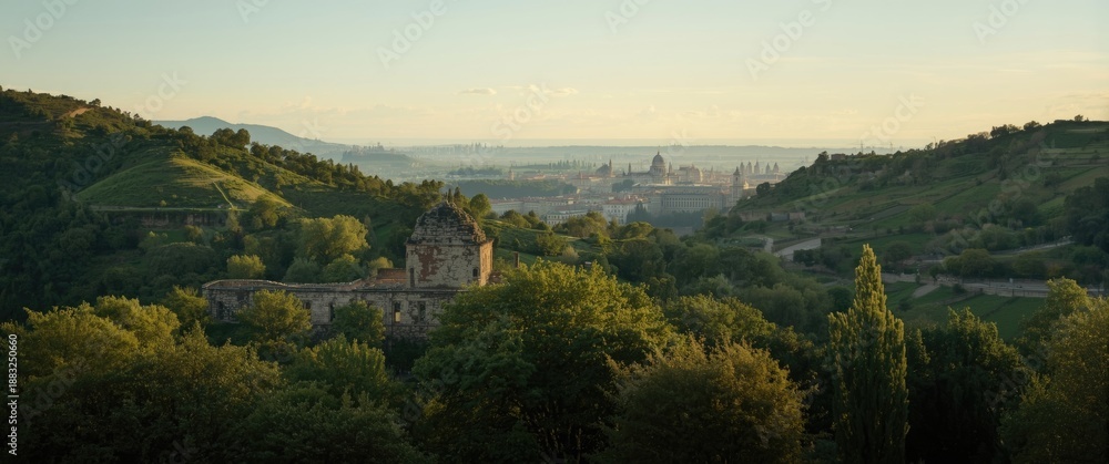 Obraz premium Lush green hills with an ancient ruin in the woods