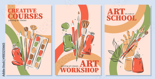 Art school, Creative courses,Art workshop. Set poster with art supplies, creative hobby accessories. Vector illustration for banner, cover, advertisement.