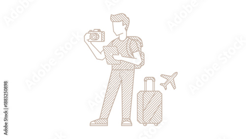 Adventurous traveler with camera and luggage ready for exploration and adventure.