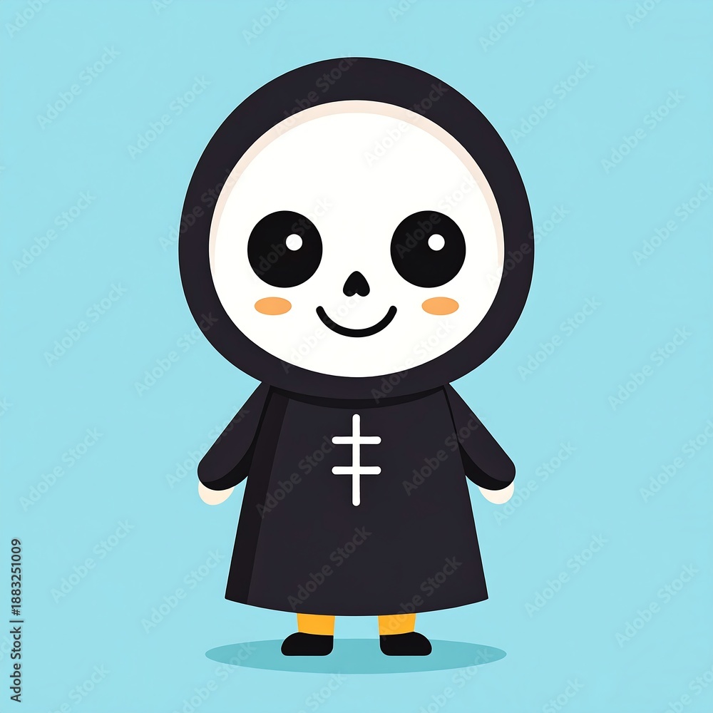 Fototapeta premium A friendly cartoon depiction of a skeleton in a hooded robe, smiling widely. It stands on a solid blue background