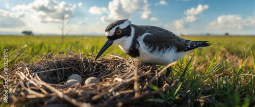 Blacksmith plover parent about to incubate eggs in its nest © vxnaghiyev