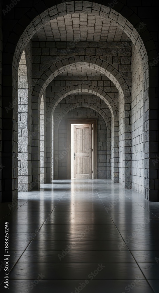 Fototapeta premium Repeating stone arches create a dramatic perspective leading toward a bright, distant wooden doorway.