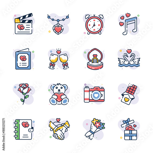 Take a look at this amazing flat outline style icons set of valentines day, love and romance
