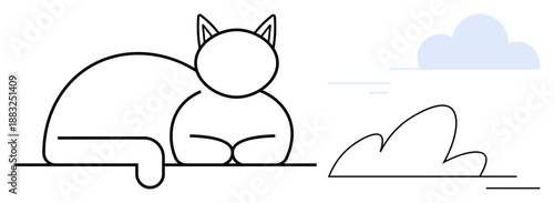 Tranquility, nature, simplicity, minimalism, zen, outdoor vibe. A minimal outline of a cat alongside a cloud and bush. Tranquility and nature concept in serene ion